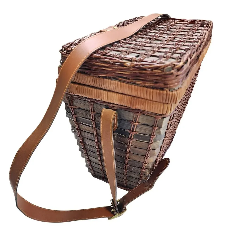 Pier‎ 1 Vintage Wicker Rattan Picnic Basket Service for Two Plaid Lined Utensils
